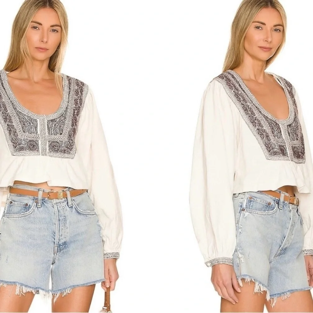Free People Iggie Embroidered Crop Top Ivory SZ XSmall Baloon Sleeves Boho EUC